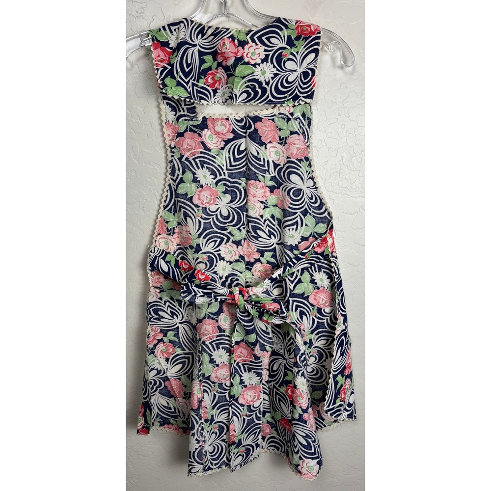 Vintage Floral Full Bib Apron Blue Red Pink Ric Rac Trim Pockets Ruffle Hem 2426 - Picture 5 of 5